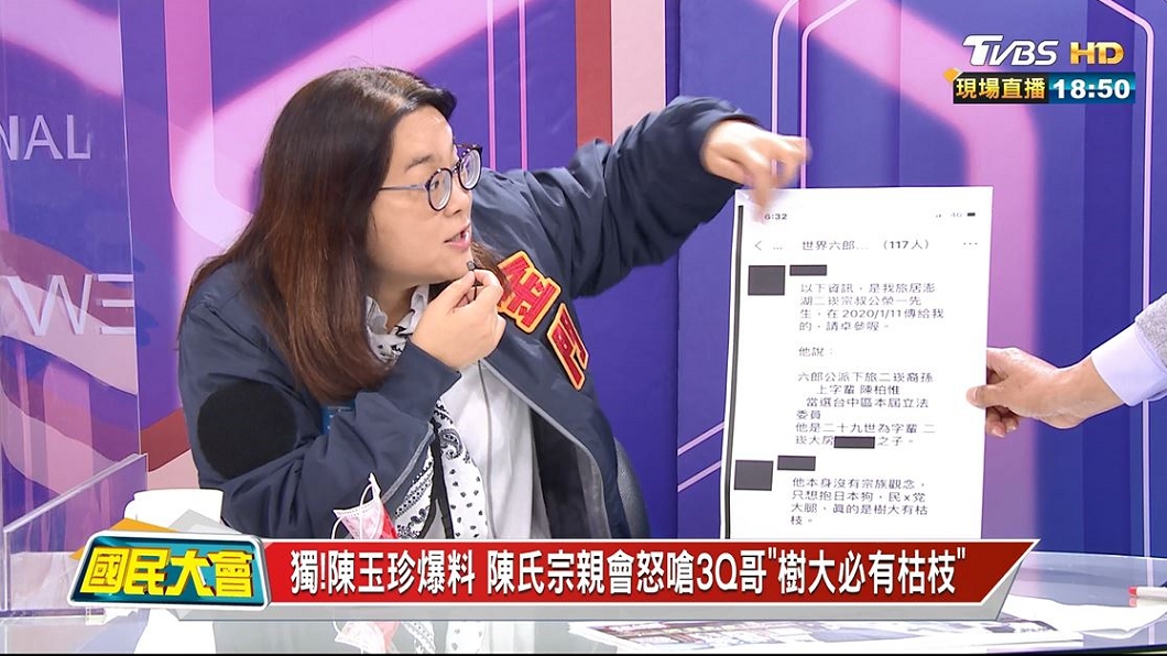 陳玉珍在TVBS《國民大會》獨家爆料陳氏宗親會的人批評陳柏惟。(圖/TVBS)