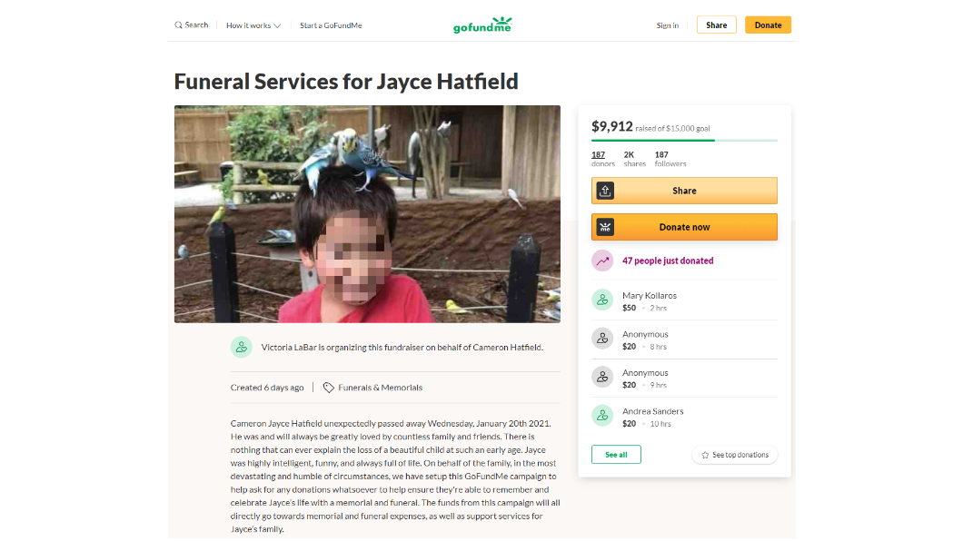男童家屬在平台募資籌葬禮費用。(圖/翻攝自GoFundMe)
