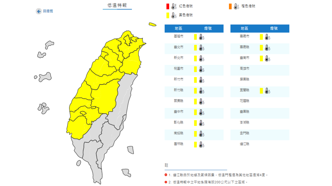 今日低溫特報。（圖／中央氣象局）