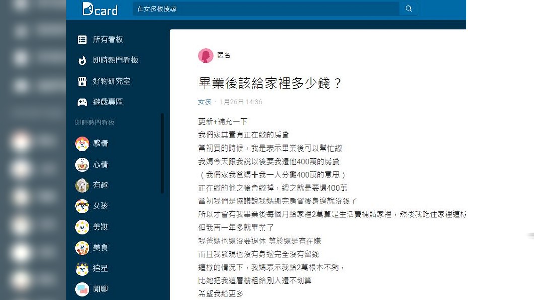 一名女大生分享,母親要求她畢業之後,薪水必須全數上繳,還得分攤400萬元的房貸費用。(圖/翻攝自Dcard)