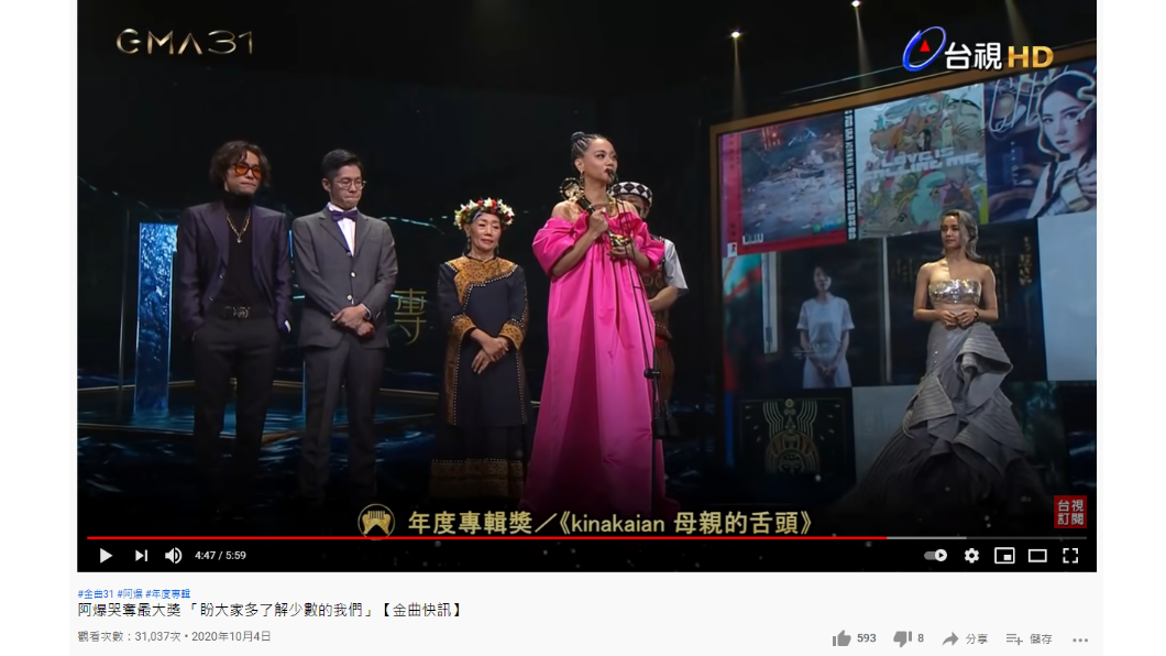 阿爆獲得金曲獎年度專輯獎,父母穿著排灣族傳統服飾上台。(圖/翻攝自台視新聞 TTV NEWS YouTube)