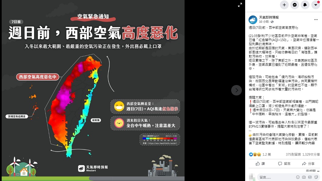 (圖/翻攝自臉書社團「天氣即時預報」)