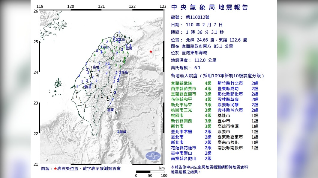 東部海域規模6.1地震 最大震度宜蘭苗栗縣4級