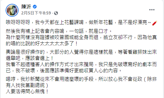 陳沂分析雞排妹將從政。（圖／翻攝自陳沂臉書）