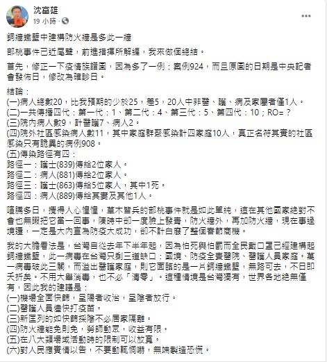 沈富雄發文建議陳時中6種做法。(圖/翻攝自沈富雄臉書)