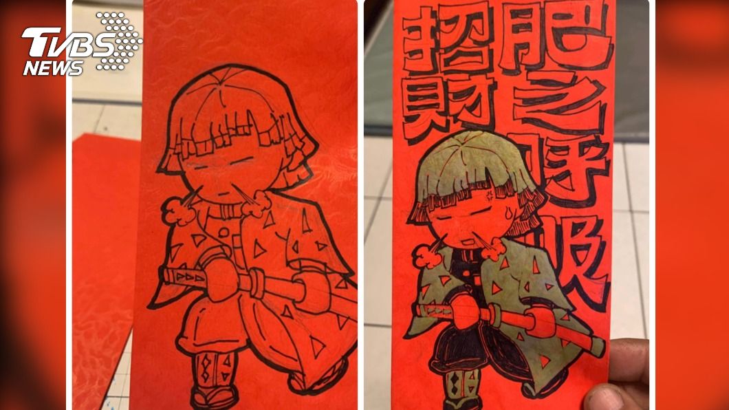 吳男細膩地在紅包袋上打草稿,最終成品廣受好評。(合成圖/吳先生授權提供)