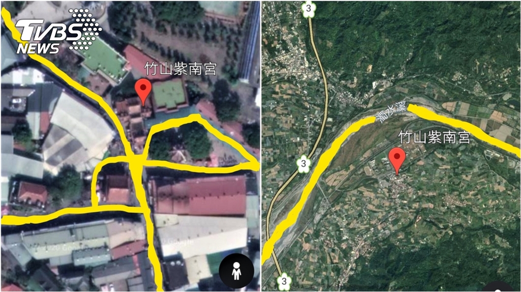 楊登嵙分析紫南宮地理位置，五路會明堂（左圖）、玉帶環腰（右圖）。（圖／楊登嵙提供）
