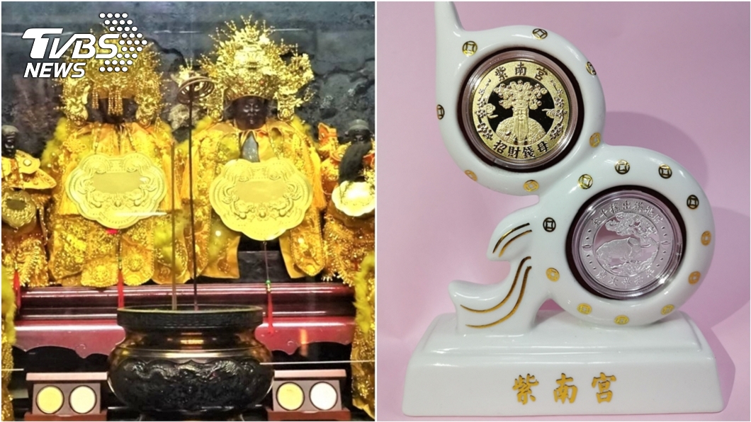 楊登嵙指出，紫南宮福德正神戴的是官帽（左圖）；元旦牛年錢母（右圖）。（圖／楊登嵙提供）
