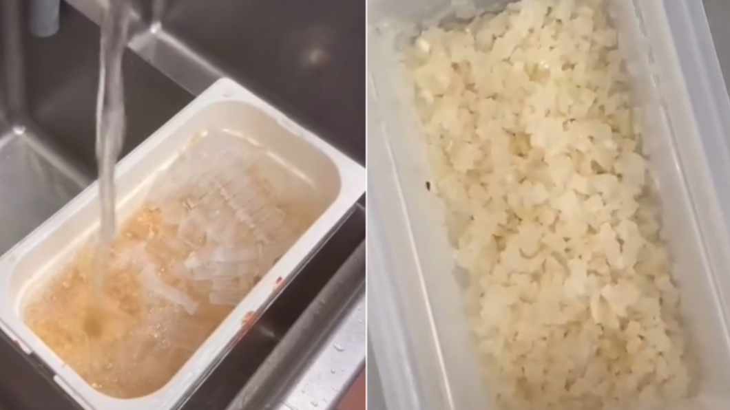 脫水蔬菜加水後成為顧客口中的洋蔥碎。(合成圖/翻攝自justinalbert19 Tik Tok)