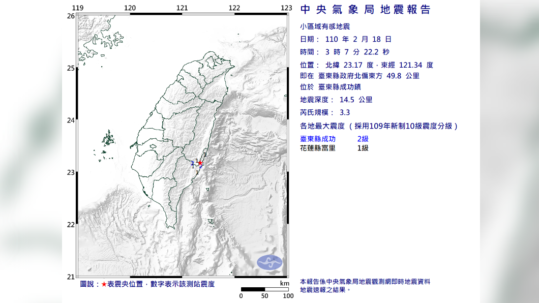 相隔29分鐘,台東附近再發生另一起地震。(圖/中央氣象局)