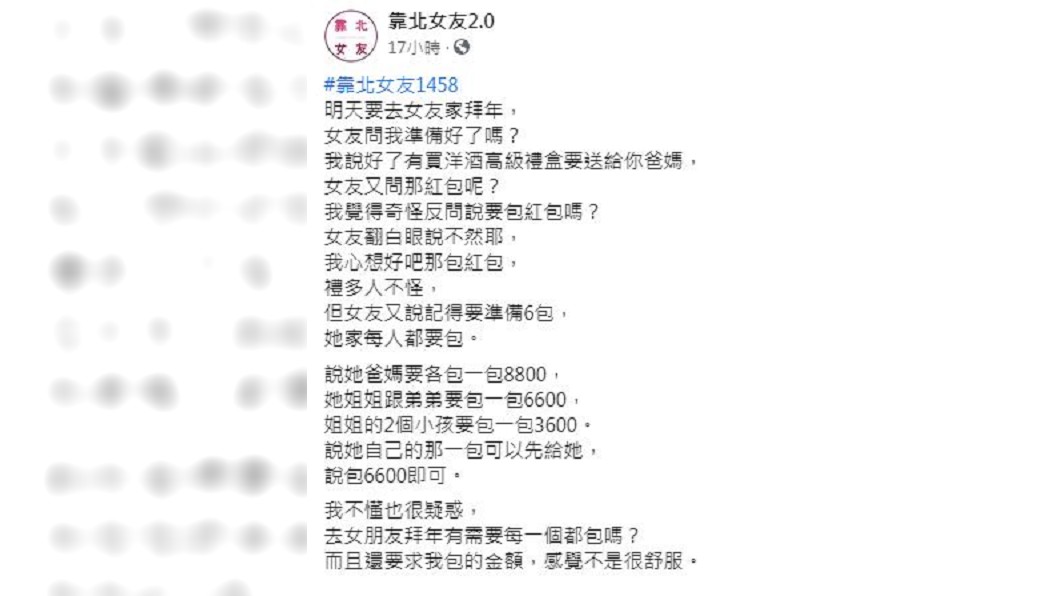 女友還列出每個人該包多少價碼,讓男子十分傻眼。(圖/翻攝自臉書粉絲團「靠北女友2.0」)