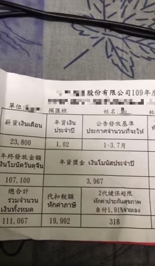 泰國移工年終獎金明細表。(圖/翻攝自爆廢1公社)