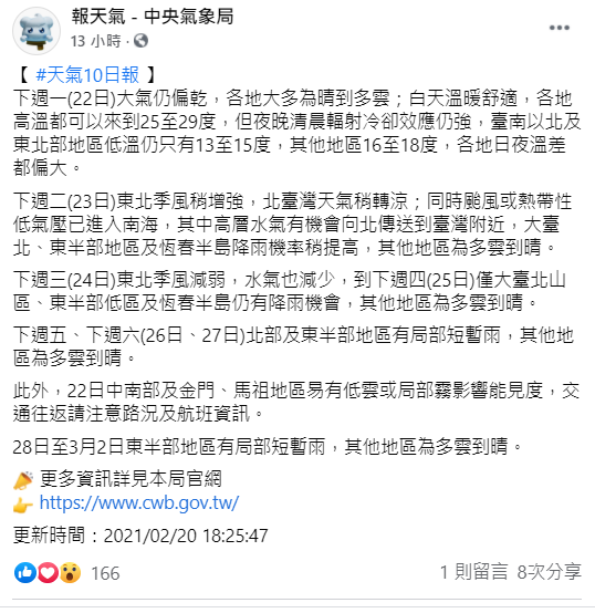 氣象局分析未來10日天氣。(圖/翻攝自中央氣象局臉書)
