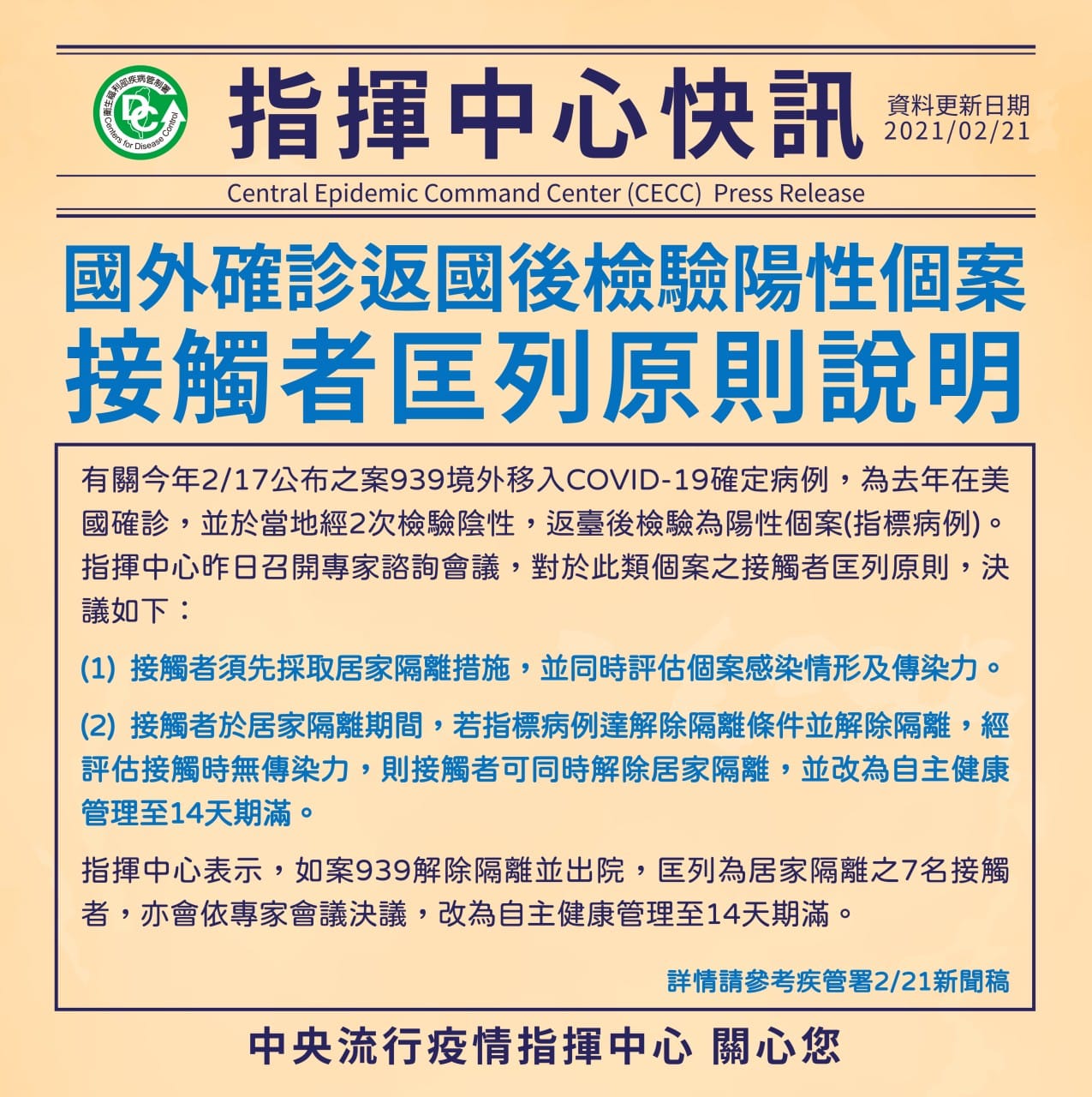 確診病例接觸者匡列有新原則。（圖／指揮中心提供）
