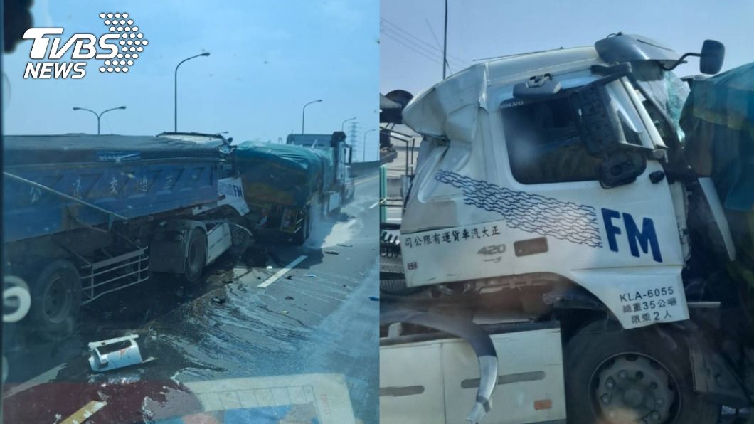 西濱快速公路2聯結車發生追撞事故。(圖/TVBS)