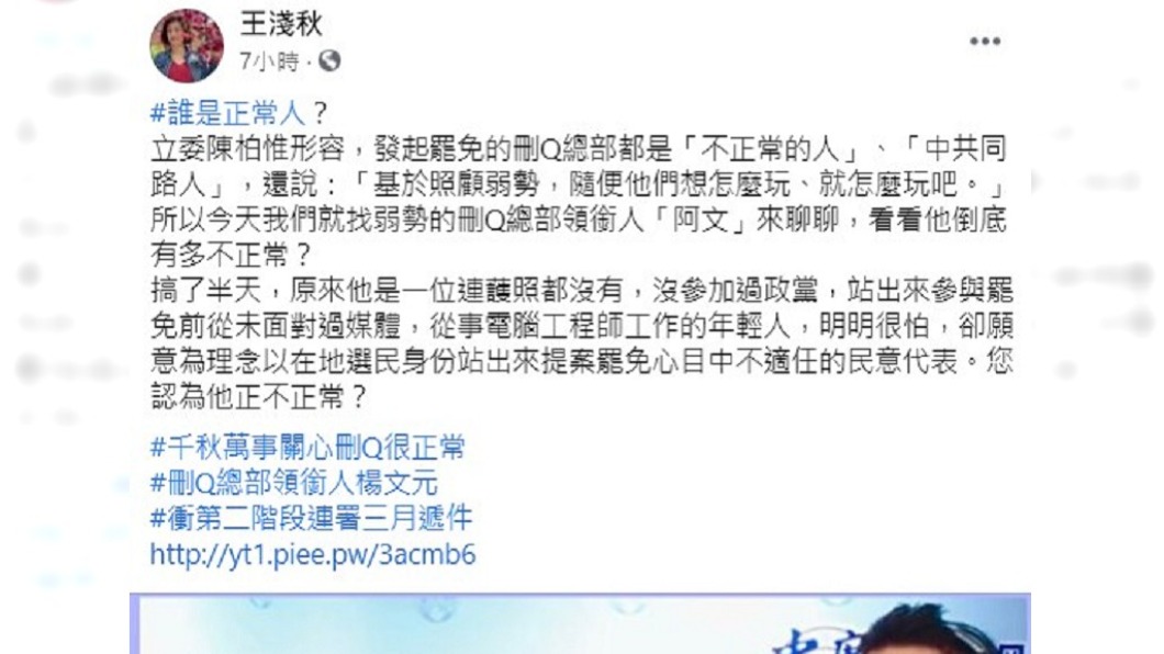 王淺秋感嘆阿文只是政治素人卻遭批不正常。（圖／翻攝自王淺秋臉書）
