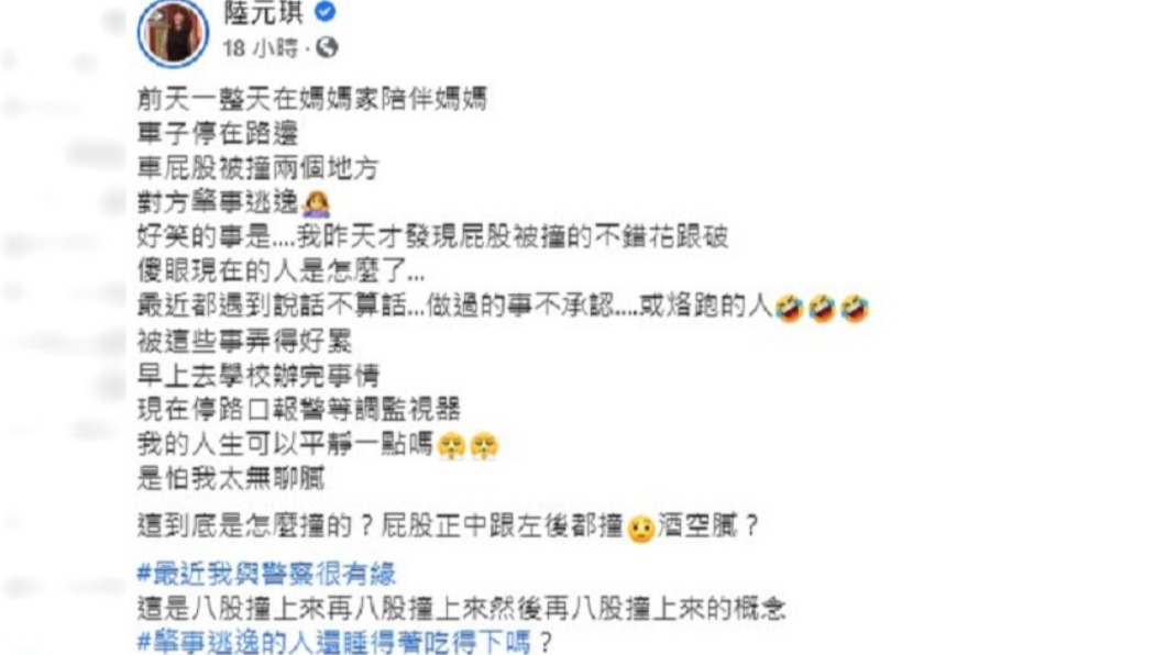 陸元琪愛車被撞無奈發文。(圖/翻攝自陸元琪臉書)