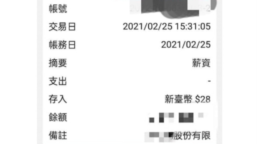 28元的薪資讓女子無奈直呼「不如別匯」。（圖／翻攝自爆怨公社）
