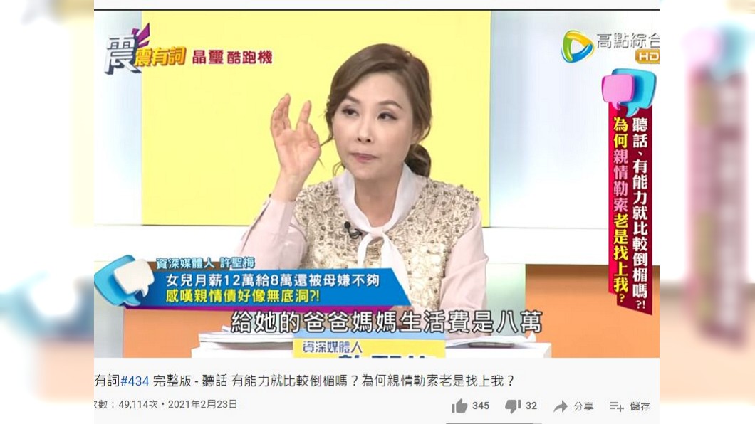一名女子每月給家裡8萬孝親費卻還被母親嫌太少。(圖/翻攝自YouTube)