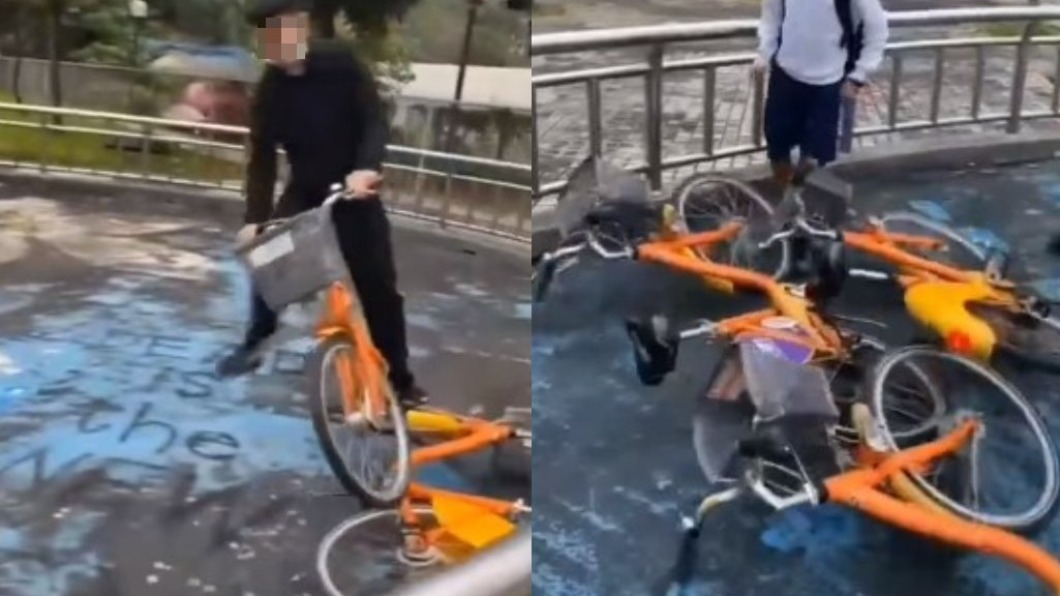 多名少年將單車當作玩具惡意破壞。(圖/翻攝自爆料公社二社)