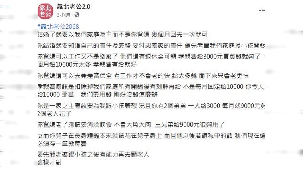 一名人妻認為丈夫月給公婆1萬元孝親費太多了。(圖/翻攝自臉書粉絲團「靠北老公2.0」)
