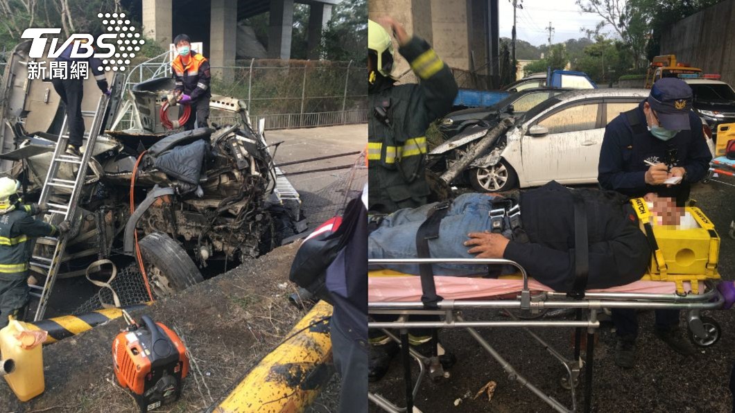 國3新竹段嚴重車禍 「拖板車翻落高架橋下」2傷者獲救