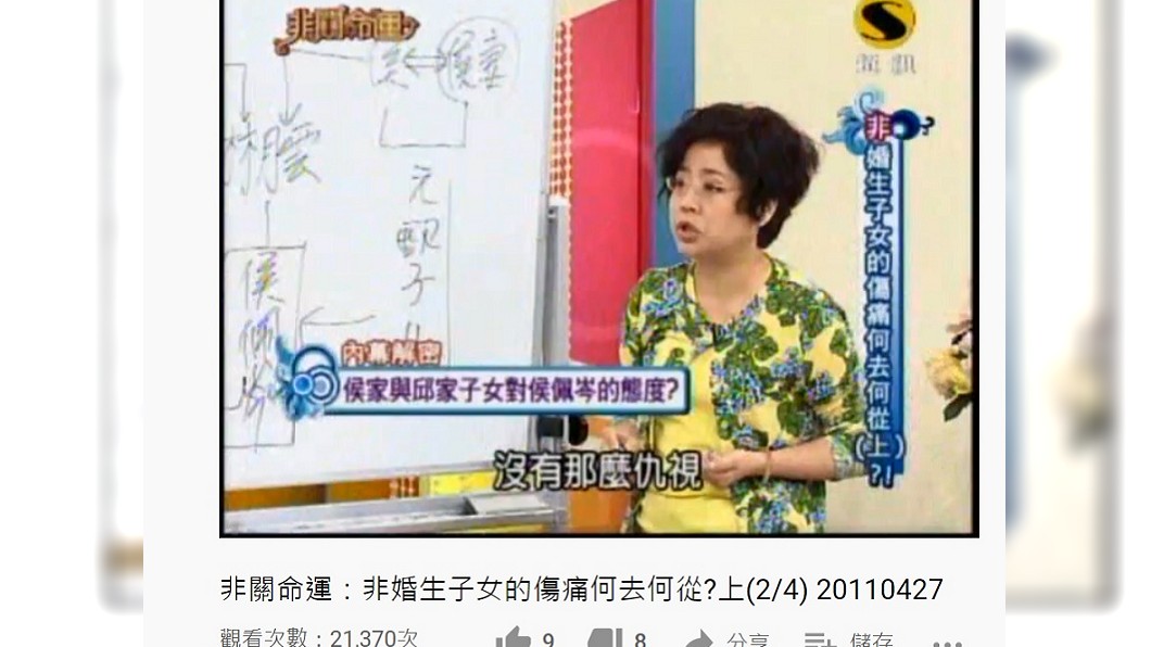 于美人在《非關命運》節目中爆料,侯世宏家人對侯佩岑沒有那麼仇視。(圖/翻攝自YouTube)