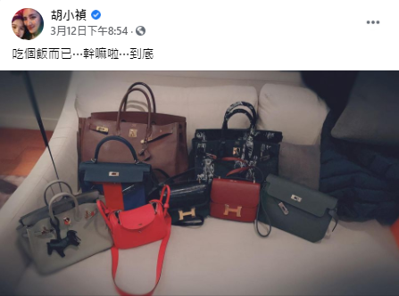 愛馬仕包包放在沙發上合照。(圖/翻攝自胡小禎Facebook)