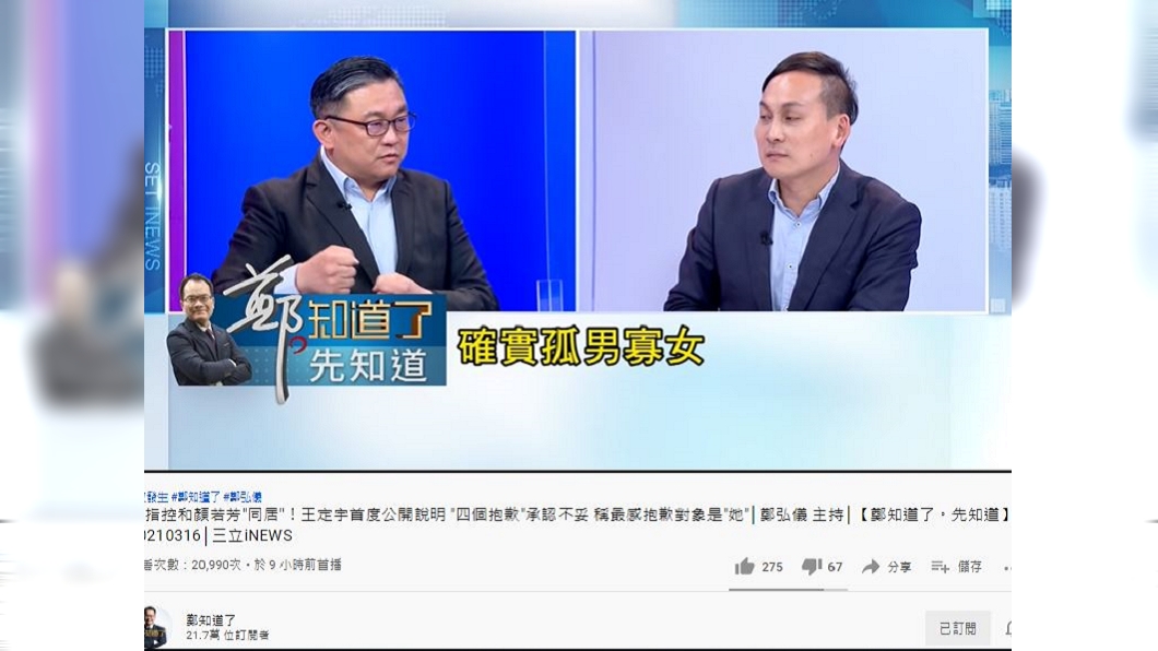 王定宇坦言，孤男寡女生活在一個空間下不妥。（圖／翻攝自鄭知道了YouTube）