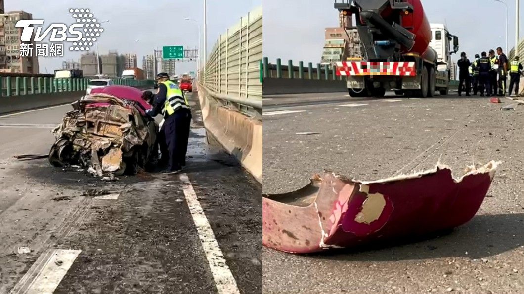西濱快道火燒車 預拌車追撞小客車「1大1小慘成焦屍」