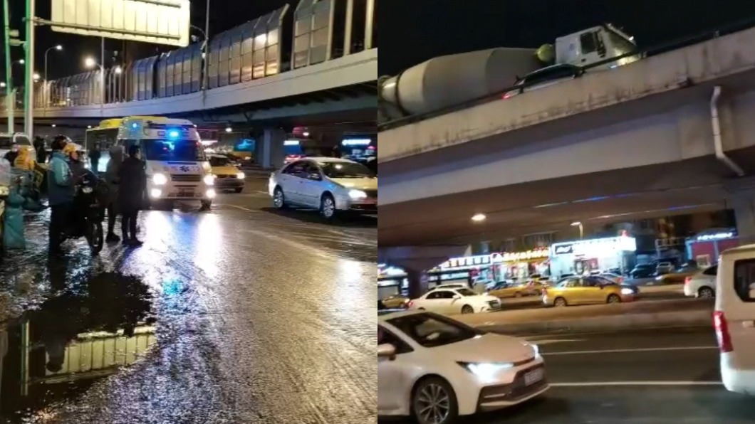傷者遭水泥車自高架橋撞落橋下。（圖／翻攝自《鳳凰報》）