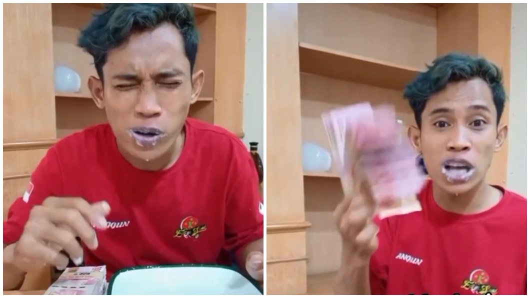 網紅一度吃到表情猙獰,最後仍挑戰成功拿走獎金。(合成圖/翻攝自抖音)