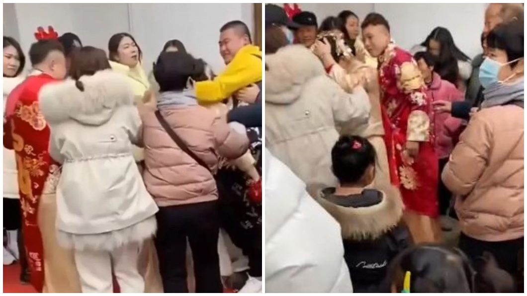 沒想到現場親友圍觀無人制止,新郎甚至還在旁邊露出笑容。(合成圖/翻攝自微博)