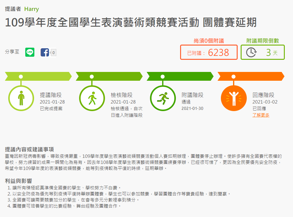 家長提案延期舉辦而不要直接停辦比賽。(圖/翻攝自公共政策網路參與平台)