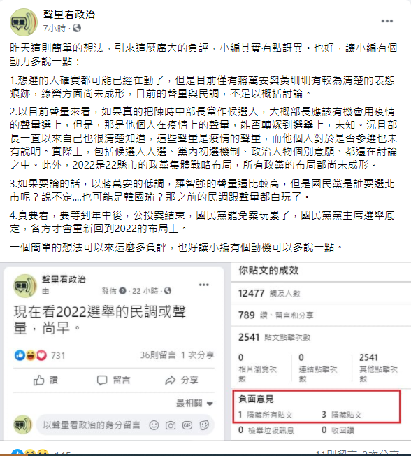 粉專針對台北市長熱門候選人進行分析。(圖/翻攝自聲量看政治臉書)