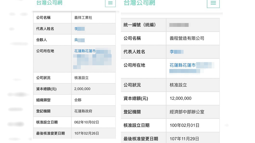 名嘴李正皓在臉書分享查詢到的義祥企業社公司登記資料。（圖／翻攝自李正皓臉書）