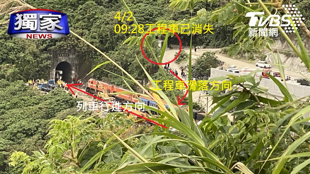 重回事發現場,工程車滑落軌跡。(圖/TVBS)
