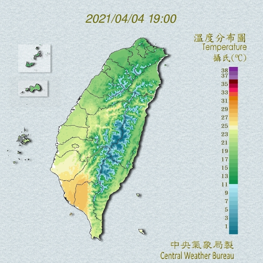 今日溫度分布圖。(圖/翻攝自中央氣象局)