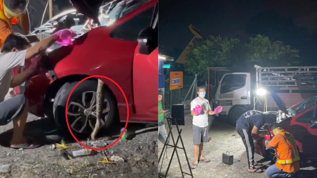 車廠人員協助將巨蟒拿出。(圖/翻攝自@adilakaman推特)