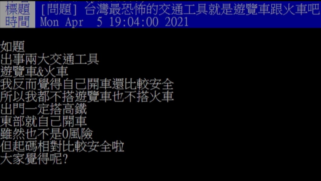 網友好奇是否自駕比搭乘大眾運輸工具更安全。（圖／PTT網友授權提供）