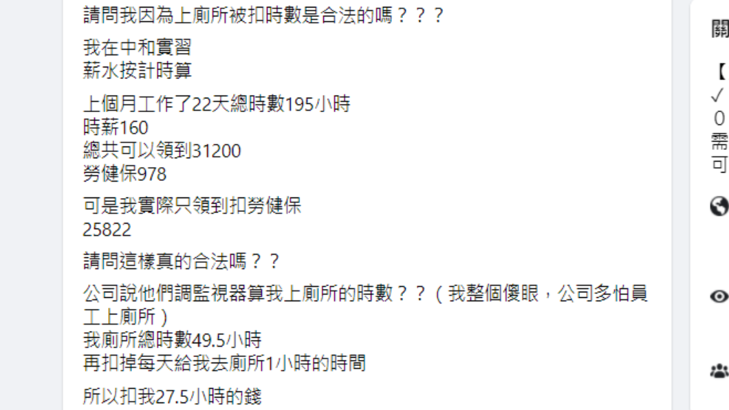 男實習生近日再抱怨因上廁所被扣薪資。(圖/翻攝自爆怨2公社)