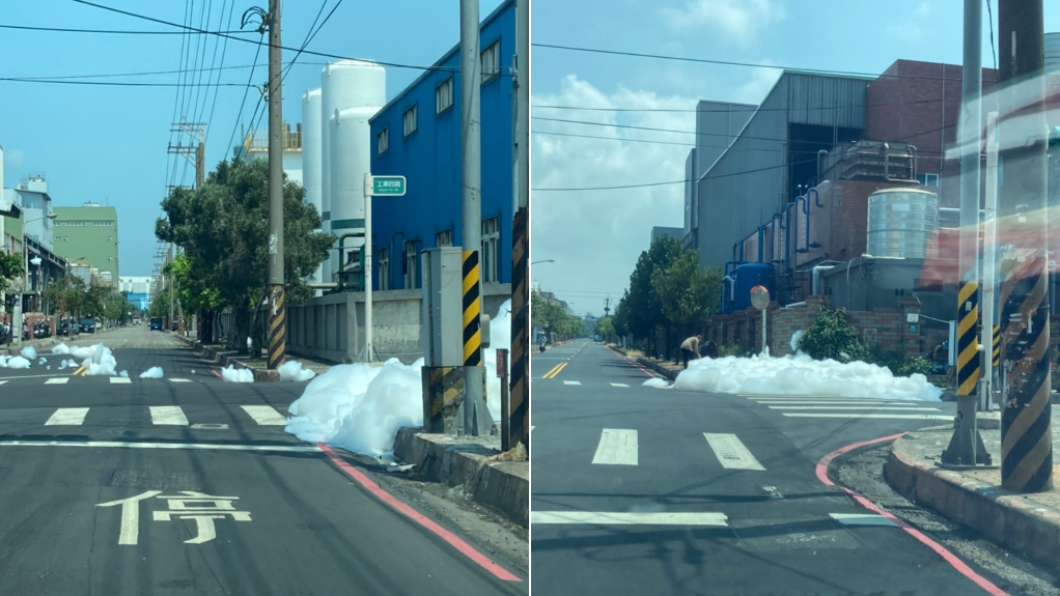 民眾發現馬路上有大量泡沫,環保局通報後派員稽查。(合成圖/翻攝自「桃園爆報」)