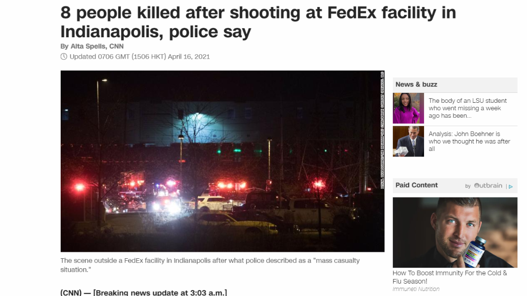 FedEx槍擊案造成至少8死60傷。(圖/翻攝自CNN)