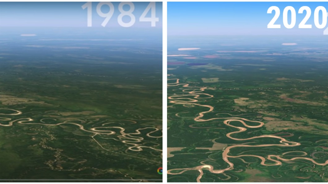 Google Earth縮時攝影功能紀錄了亞馬遜河支流1984年到2020年變化。(圖/翻攝自Google Earth YouTube)