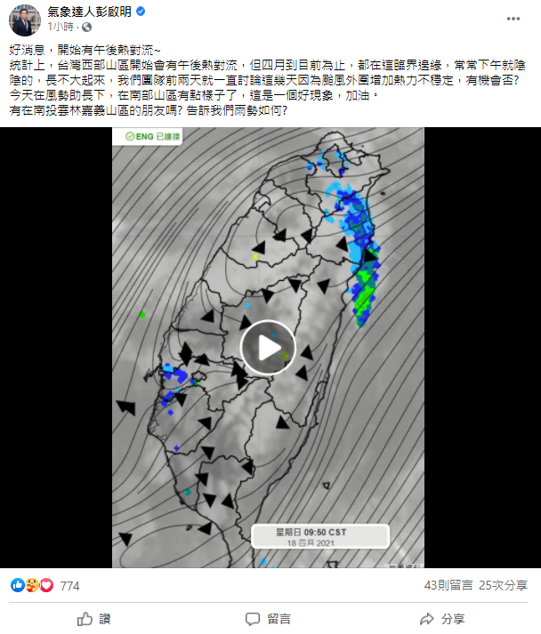 彭啟明潤為,台灣西部山區開始會有午後熱對流。(圖/翻攝自氣象達人彭啟明臉書)