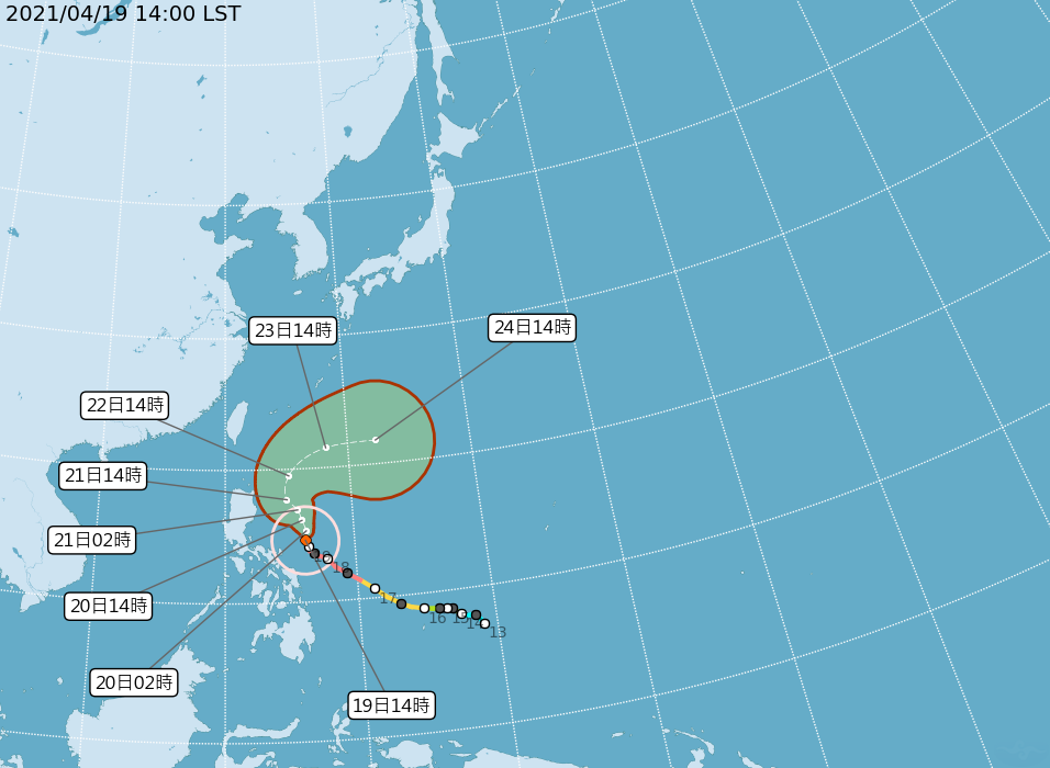 今日14時的舒力基中心位置在北緯14.6 度,東經126.2 度。(圖/翻攝自中央氣象局)