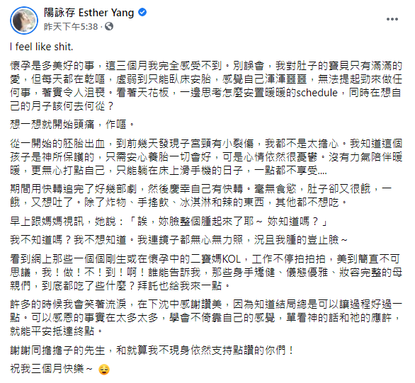 陽詠存懷孕初期相當不舒服。(圖/翻攝自陽詠存 Esther YangFacebook)