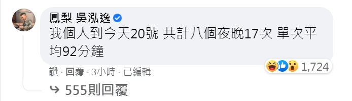鳳梨自豪單次平均92分鐘。(圖/翻攝自鳳梨 吳泓逸臉書)