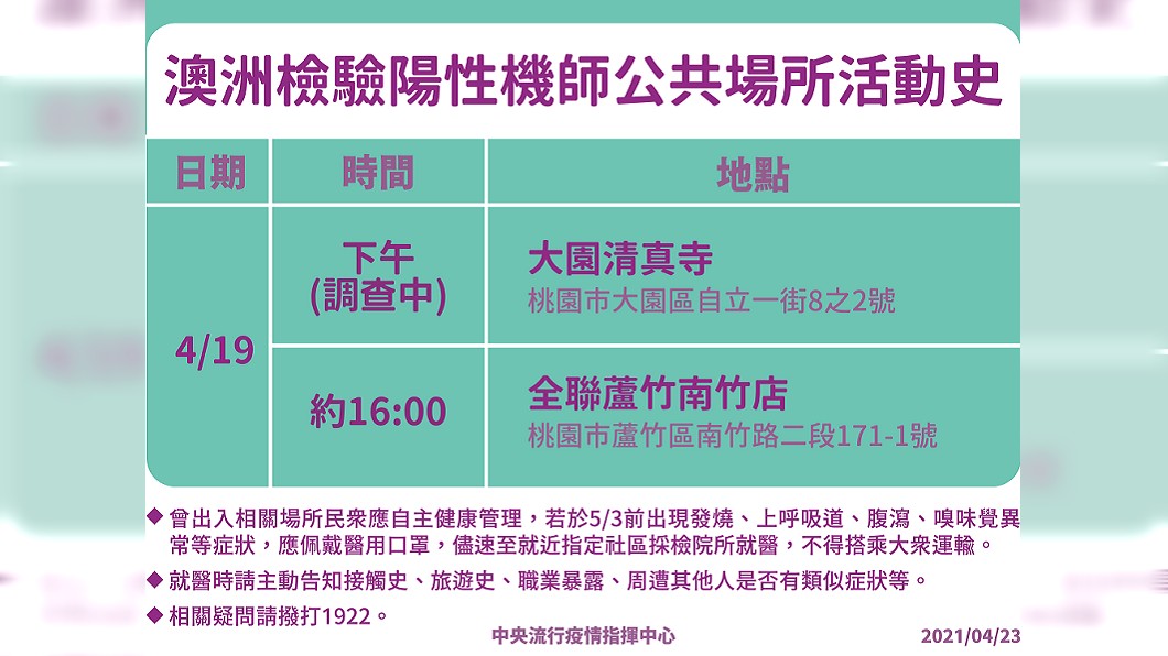 華航機師活動史。(圖/中央流行疫情指揮中心提供)