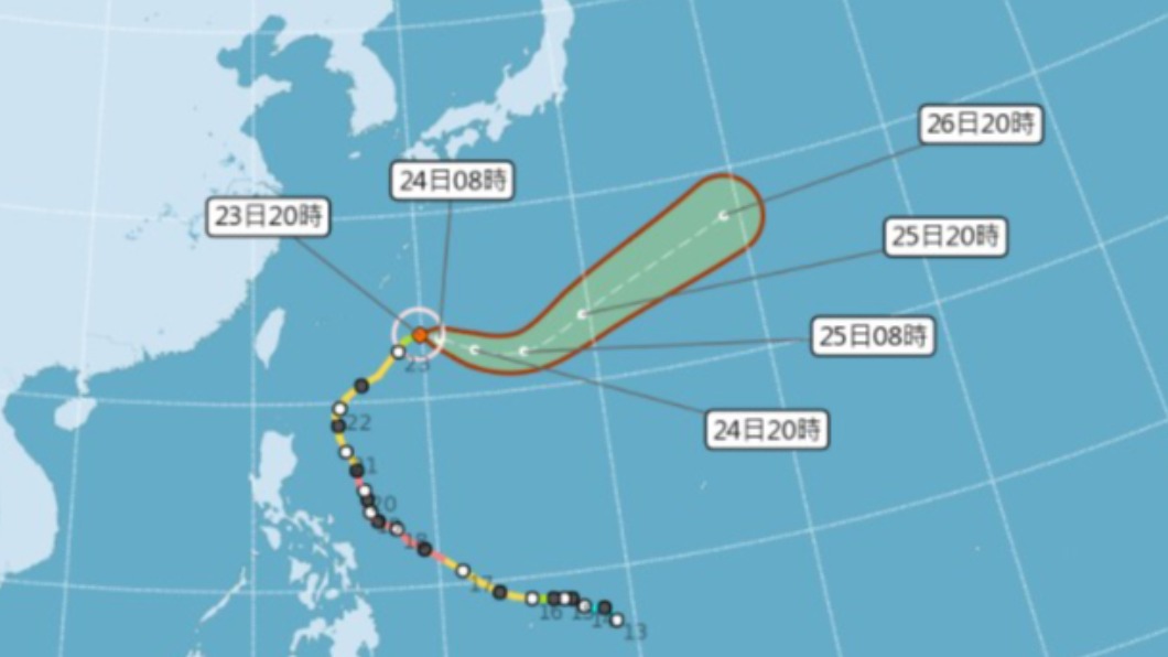 舒力基向東方前進,逐漸遠離台灣。(圖/翻攝自中央氣象局)